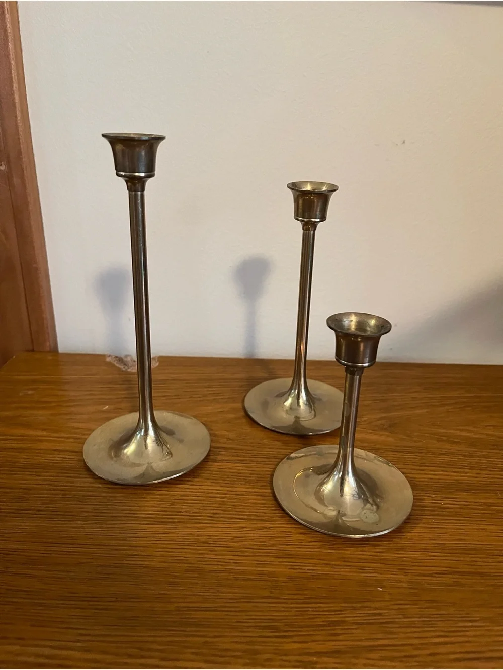 Three-Piece Brass Taper Candle Holder Set - Polished Metallic Finish